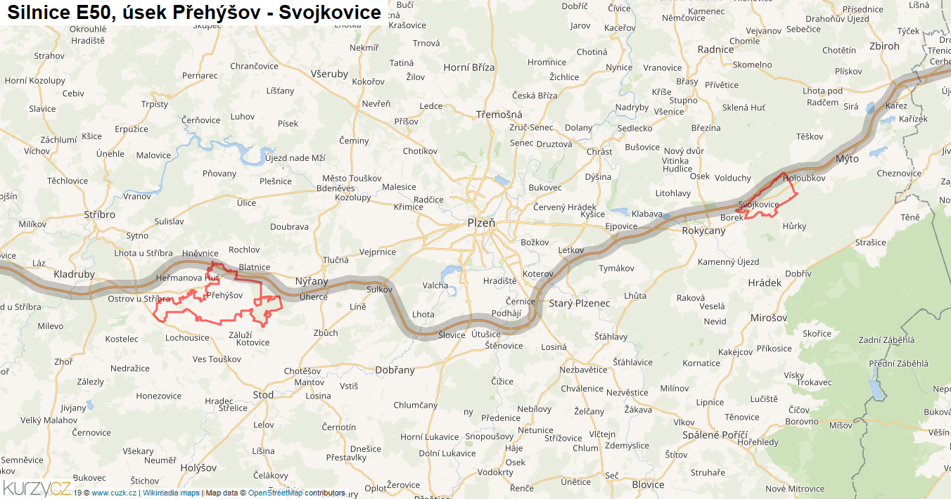 Úsek Přehýšov - Svojkovice, Silnice E50 - Mapa
