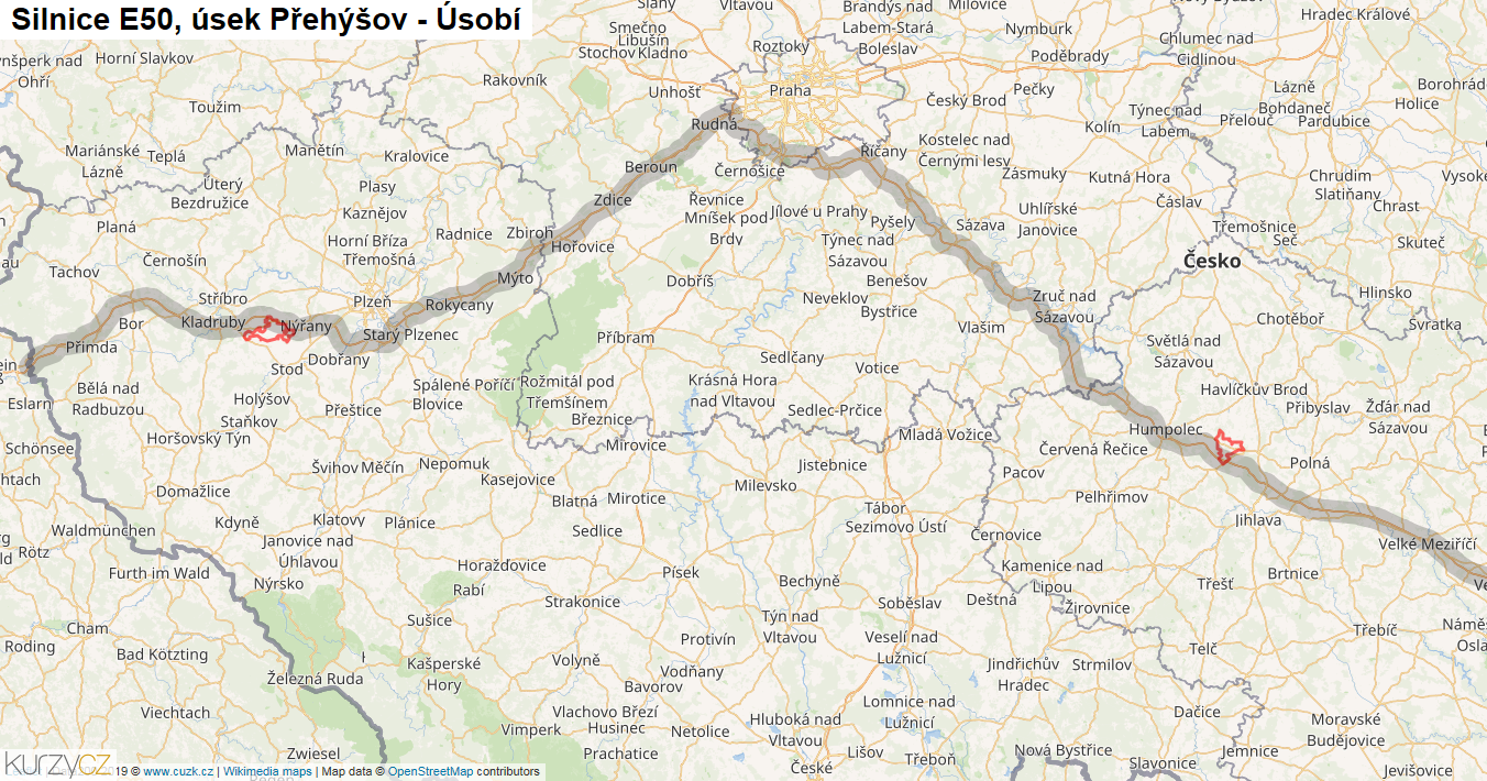 Úsek Přehýšov - Úsobí, Silnice E50 - Mapa
