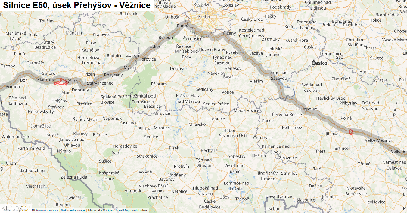 Úsek Přehýšov - Věžnice, Silnice E50 - Mapa