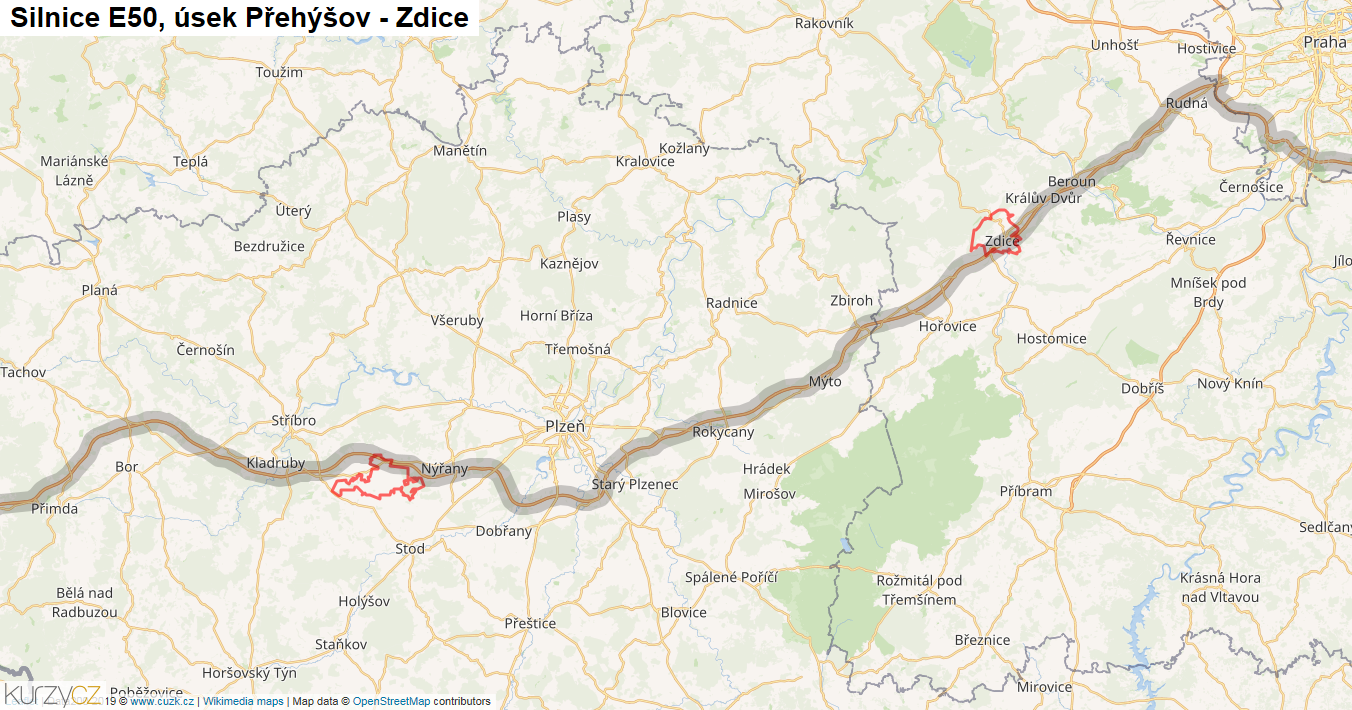 Úsek Přehýšov - Zdice, Silnice E50 - Mapa