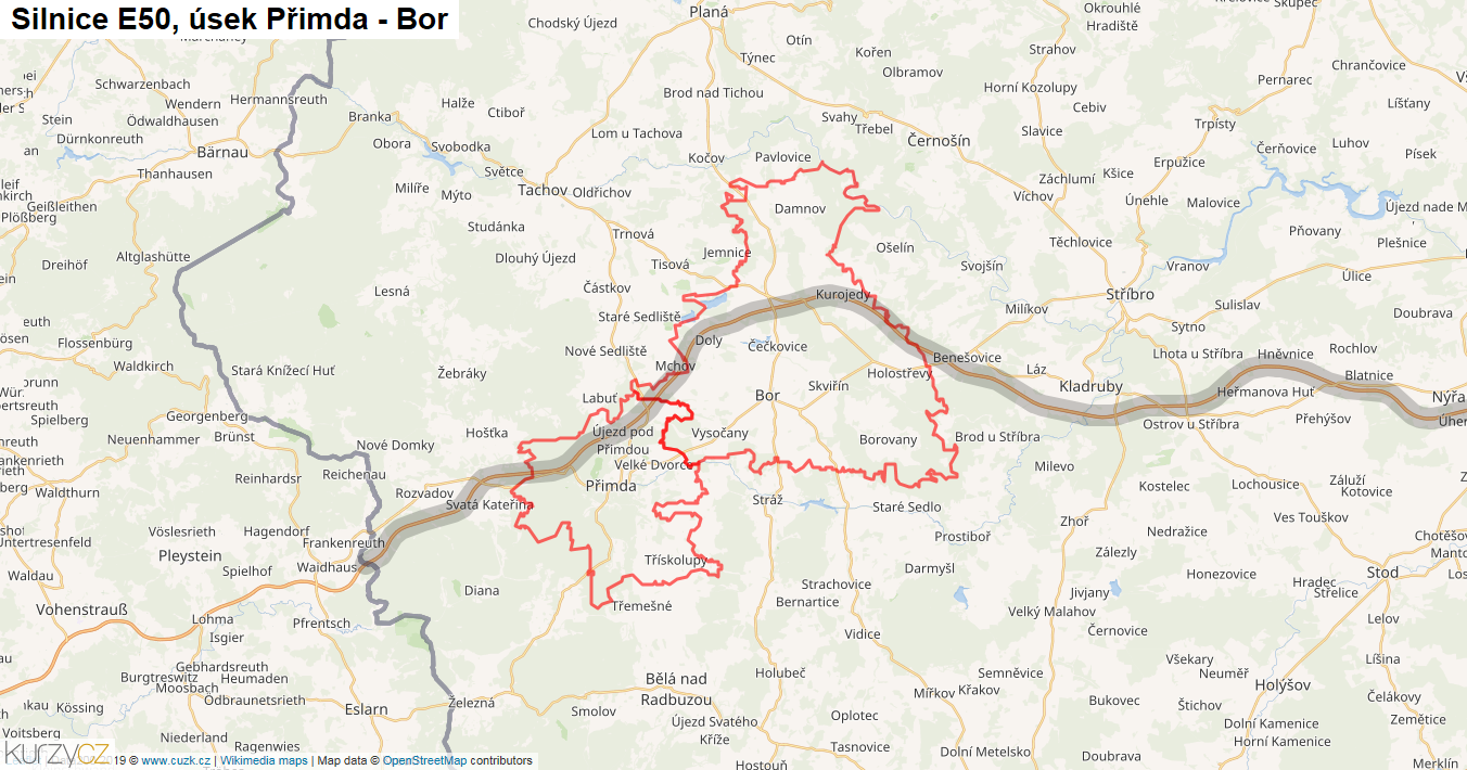 Úsek Přimda - Bor, Silnice E50 - Mapa