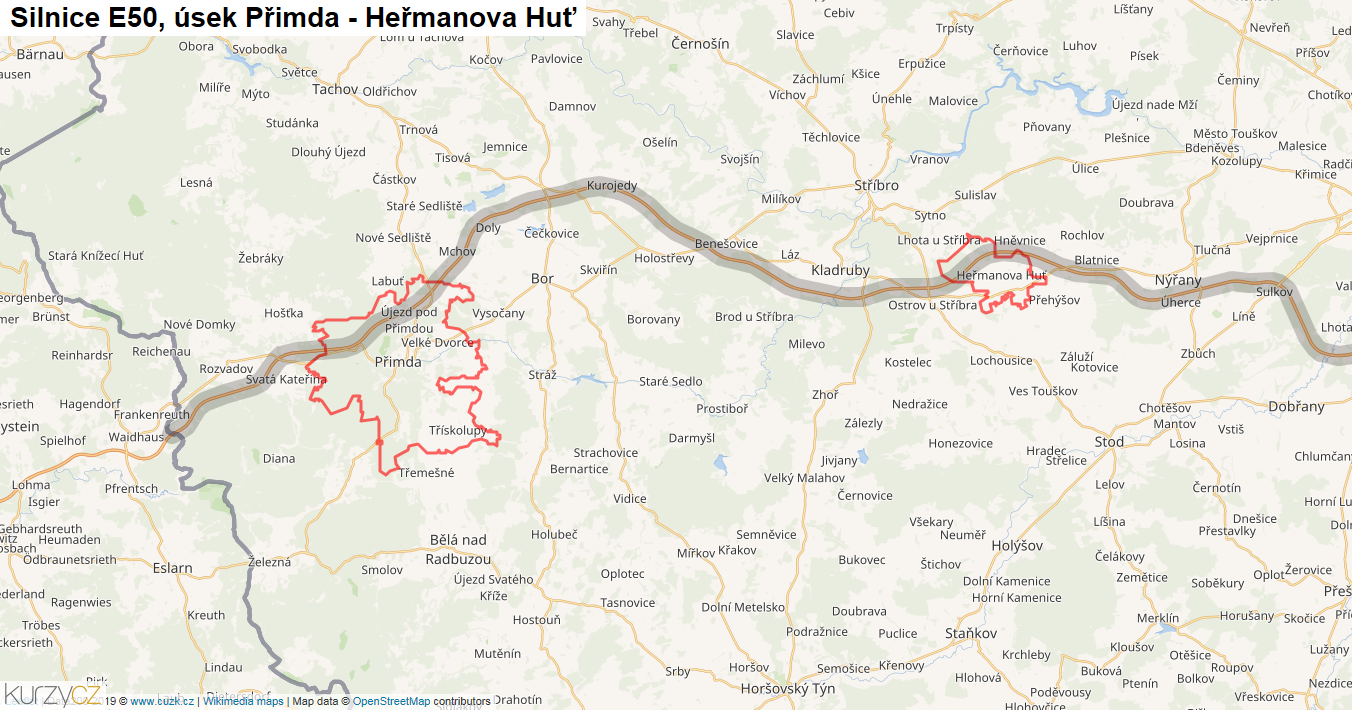 Úsek Přimda - Heřmanova Huť, Silnice E50 - Mapa