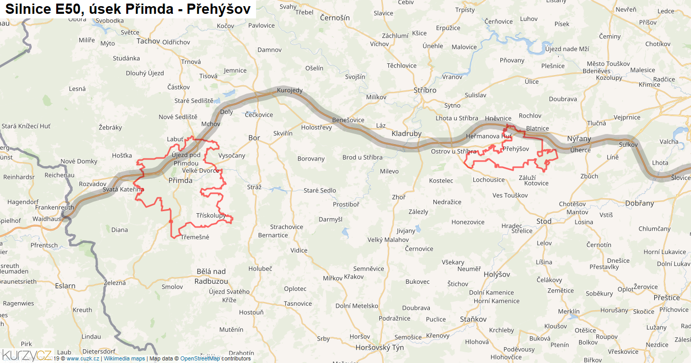 Úsek Přimda - Přehýšov, Silnice E50 - Mapa