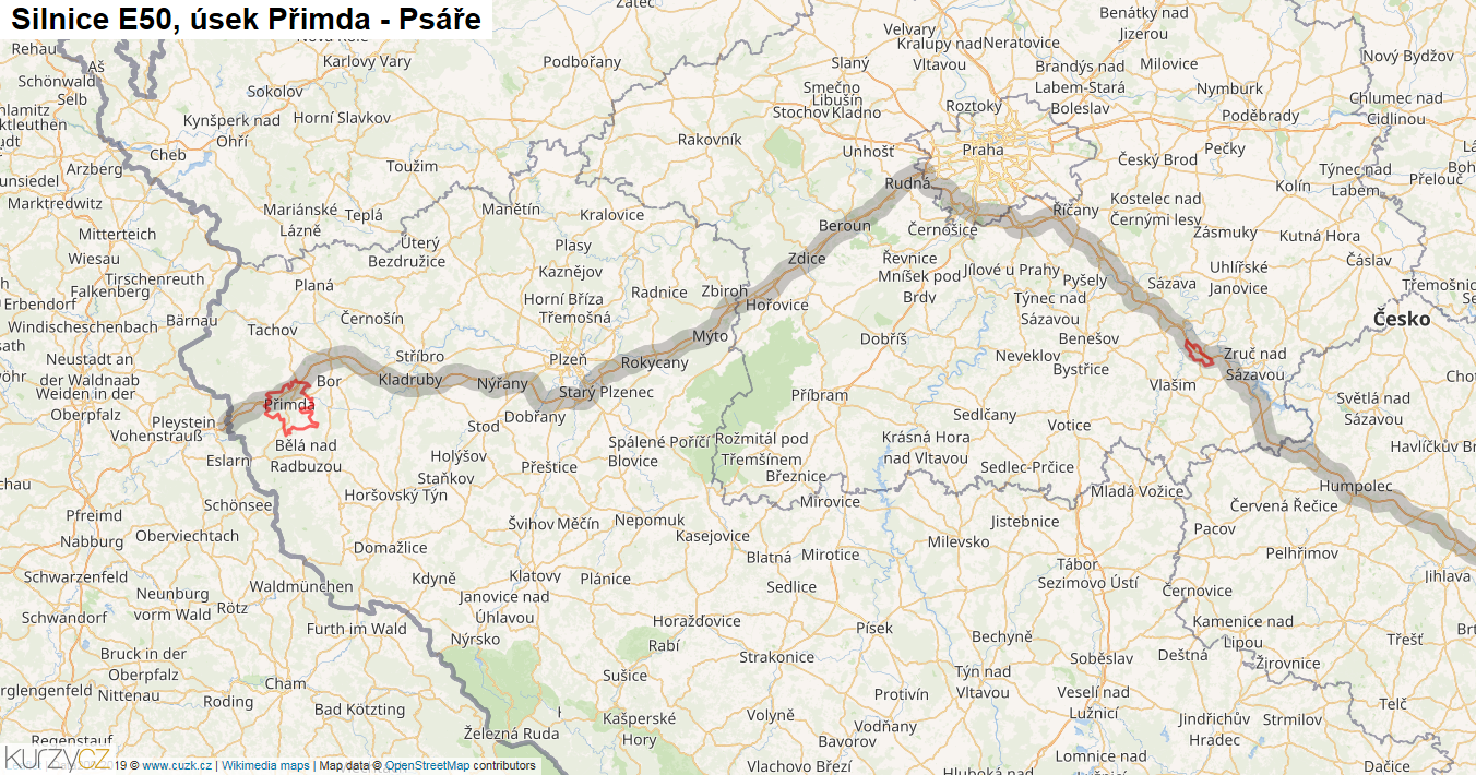 Úsek Přimda - Psáře, Silnice E50 - Mapa