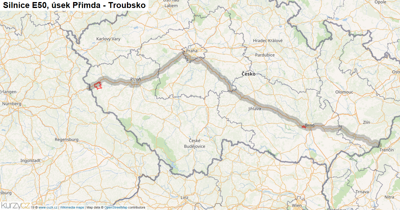 Úsek Přimda - Troubsko, Silnice E50 - Mapa