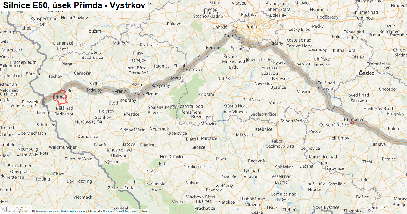 Úsek Přimda - Vystrkov, Silnice E50 - Mapa