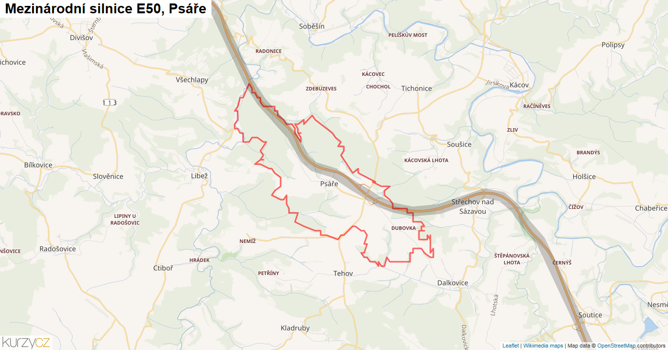 Psáře, Silnice E50 - Mapa