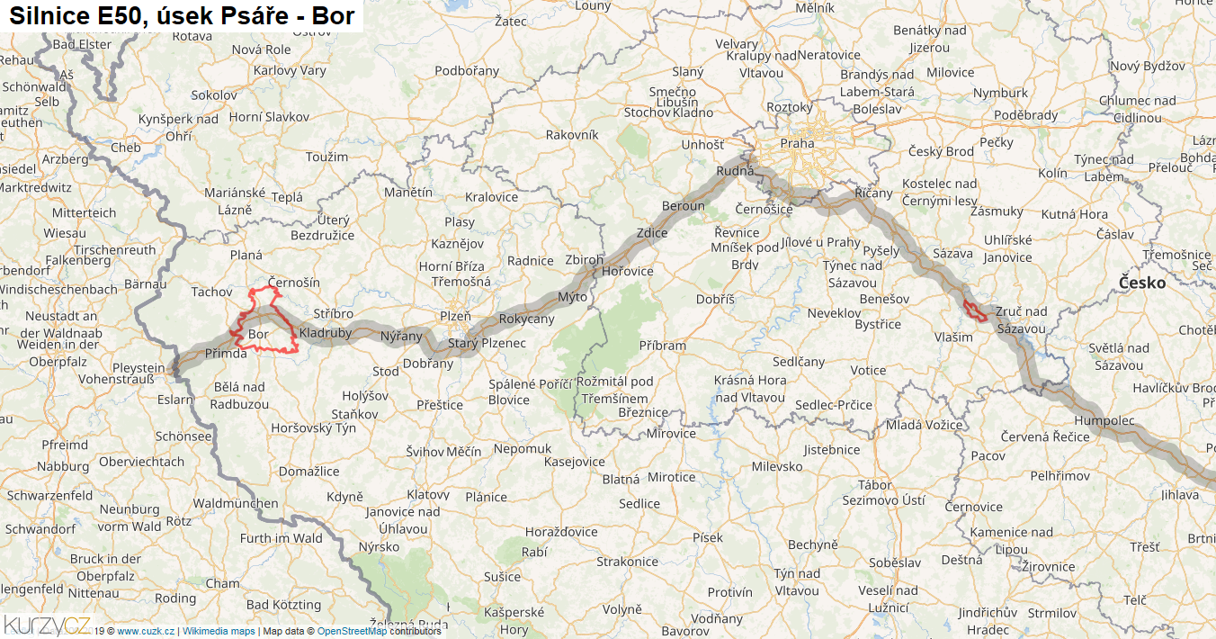 Úsek Psáře - Bor, Silnice E50 - Mapa
