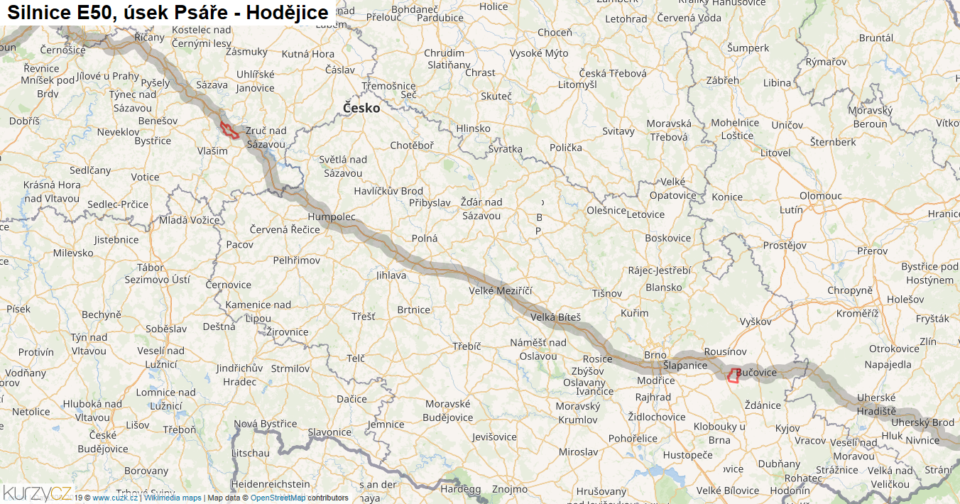 Úsek Psáře - Hodějice, Silnice E50 - Mapa