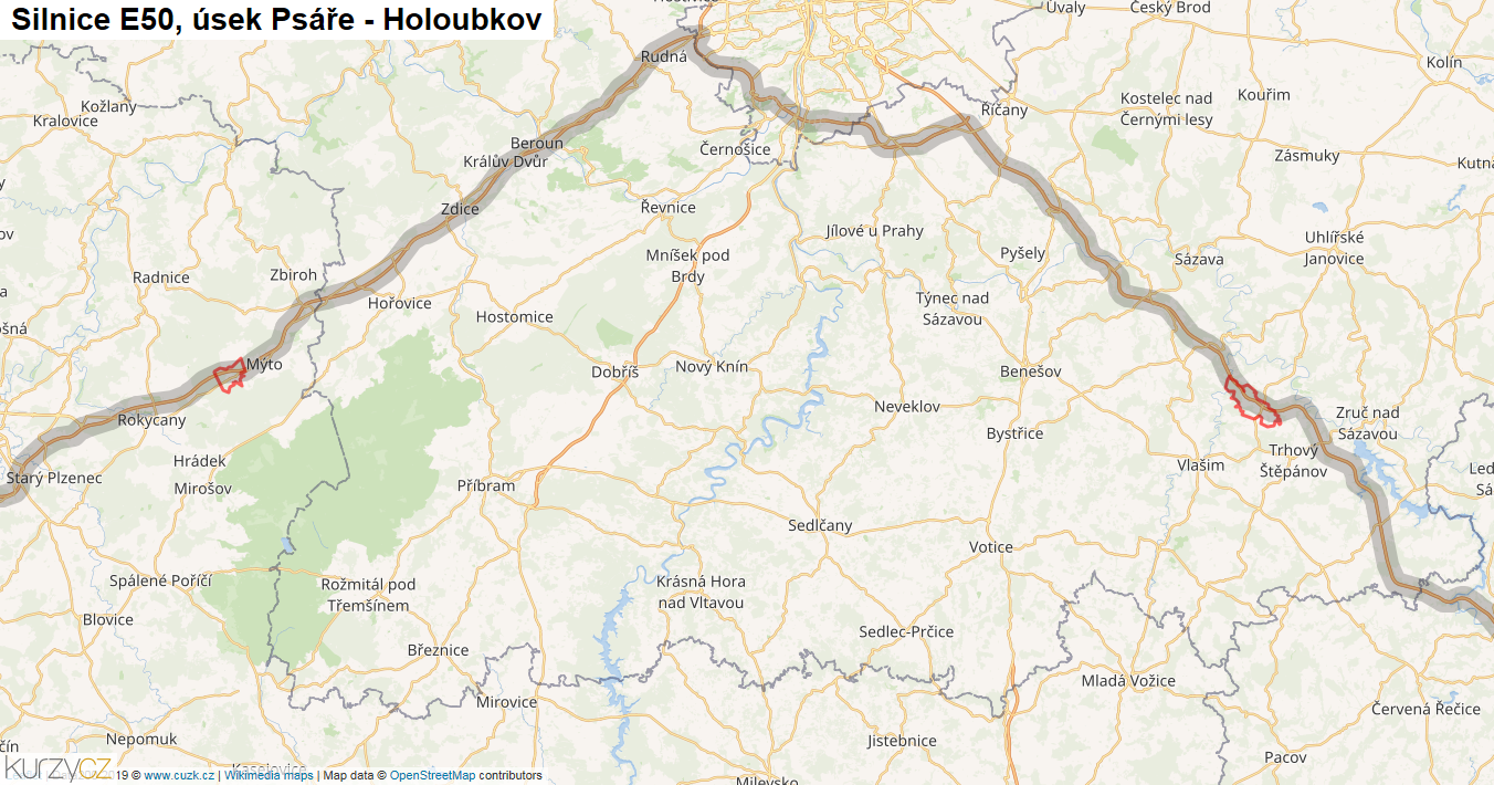 Úsek Psáře - Holoubkov, Silnice E50 - Mapa
