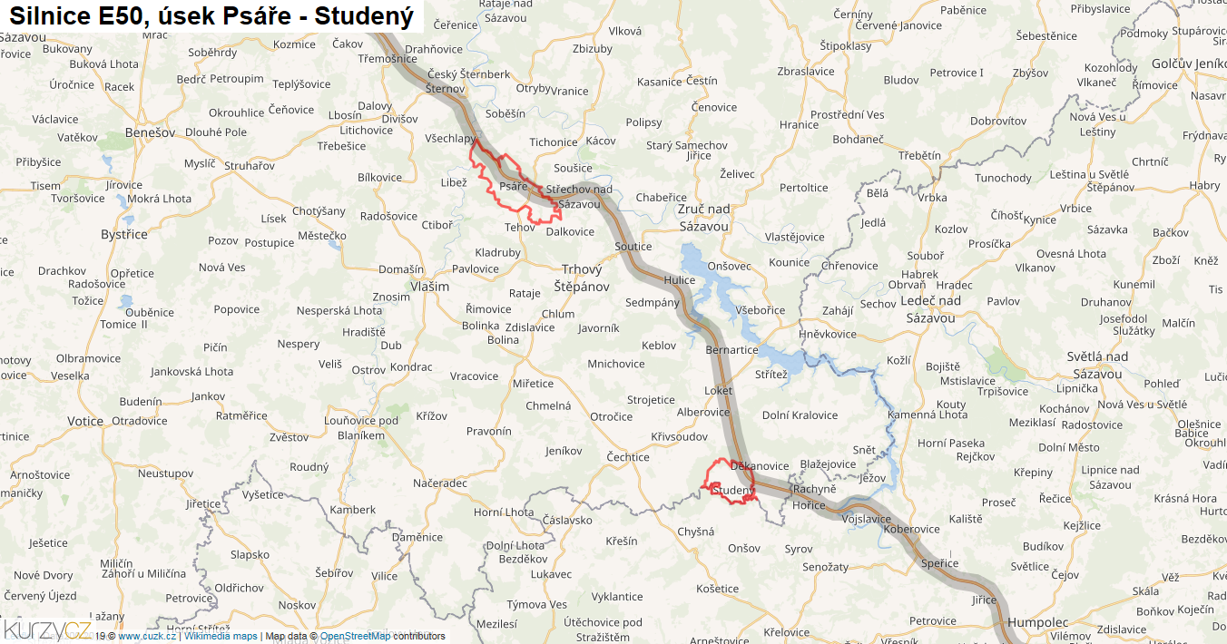 Úsek Psáře - Studený, Silnice E50 - Mapa