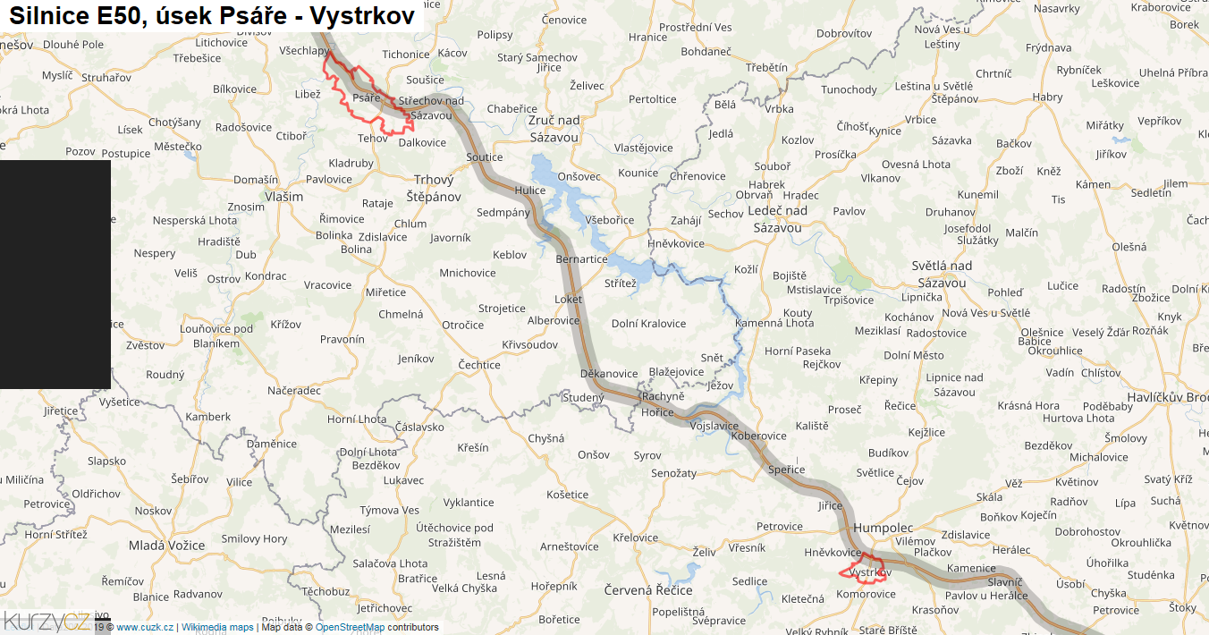 Úsek Psáře - Vystrkov, Silnice E50 - Mapa