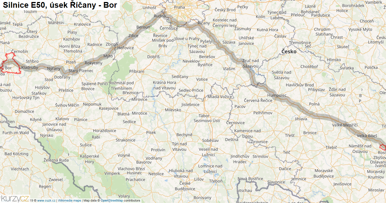 Úsek Říčany - Bor, Silnice E50 - Mapa