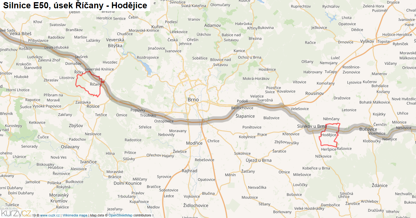 Úsek Říčany - Hodějice, Silnice E50 - Mapa