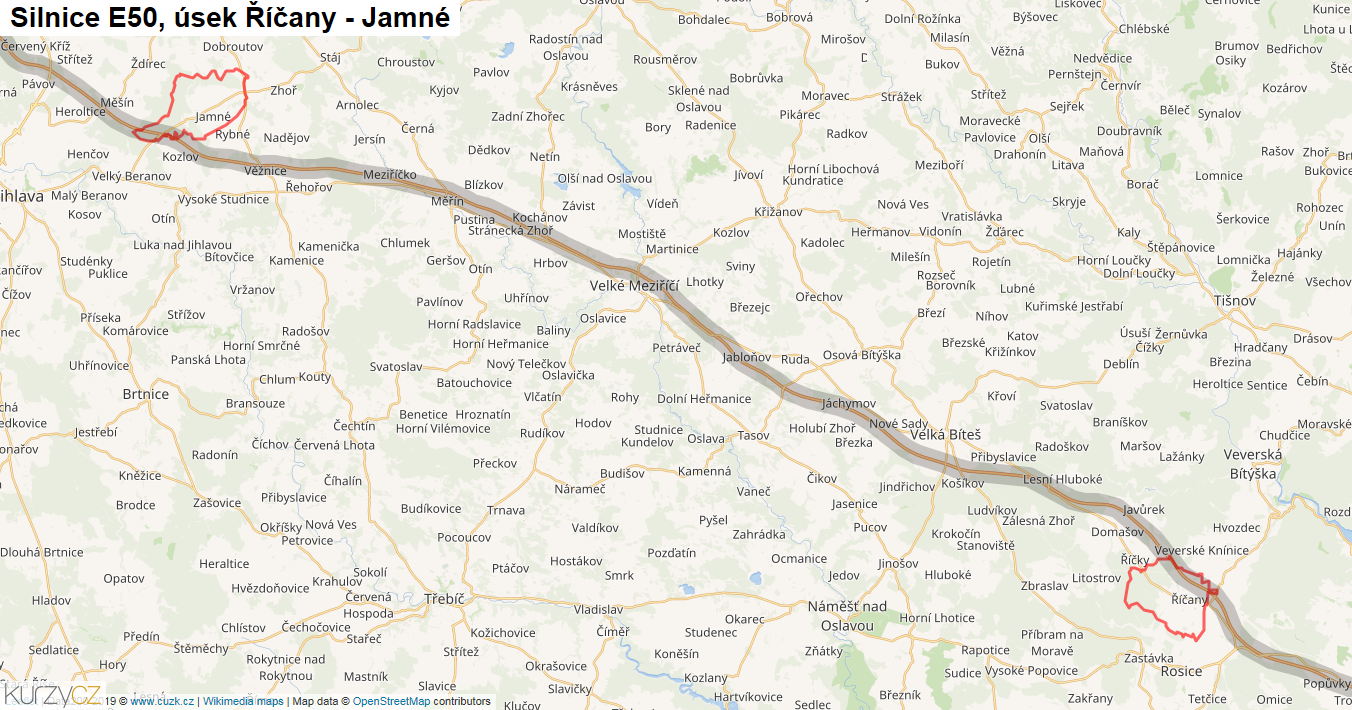 Úsek Říčany - Jamné, Silnice E50 - Mapa