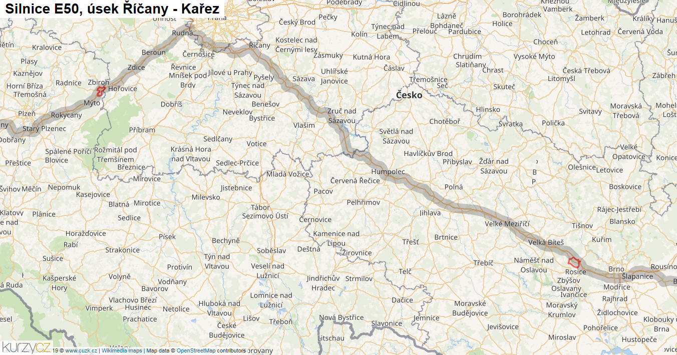 Úsek Říčany - Kařez, Silnice E50 - Mapa