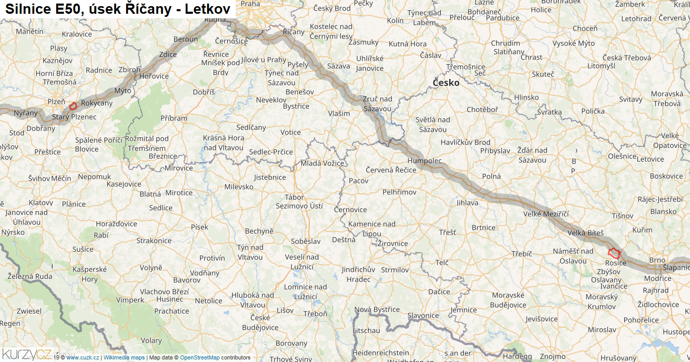 Úsek Říčany - Letkov, Silnice E50 - Mapa