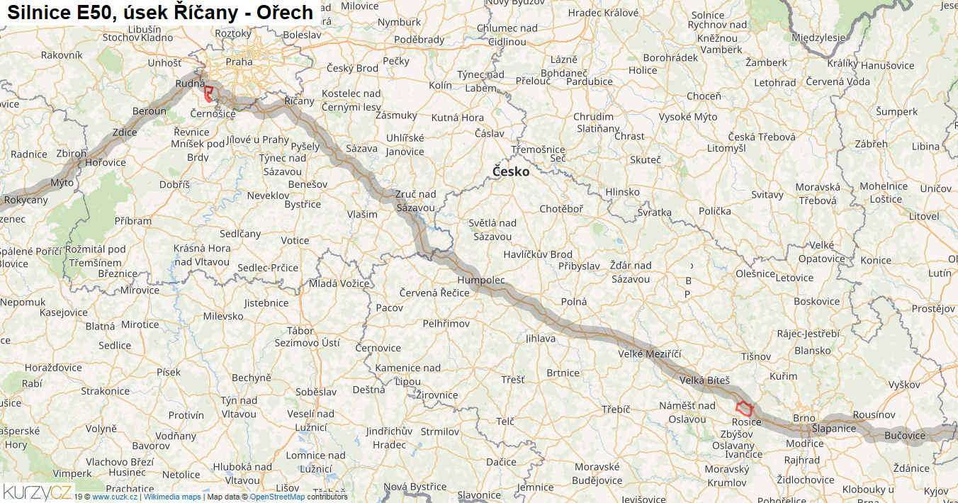 Úsek Říčany - Ořech, Silnice E50 - Mapa