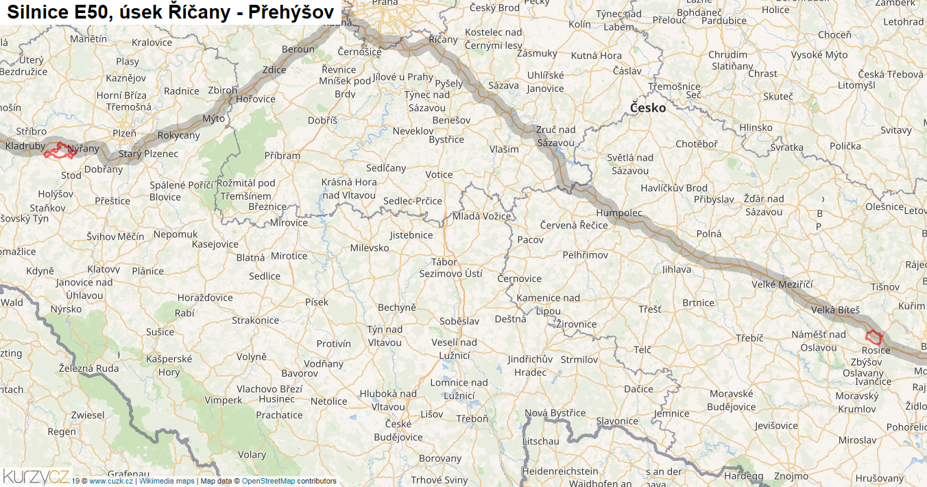 Úsek Říčany - Přehýšov, Silnice E50 - Mapa