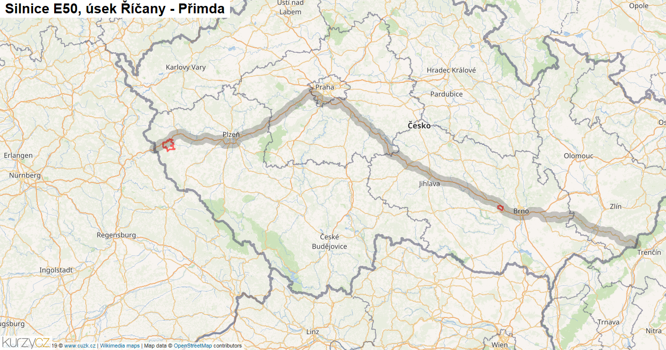 Úsek Říčany - Přimda, Silnice E50 - Mapa