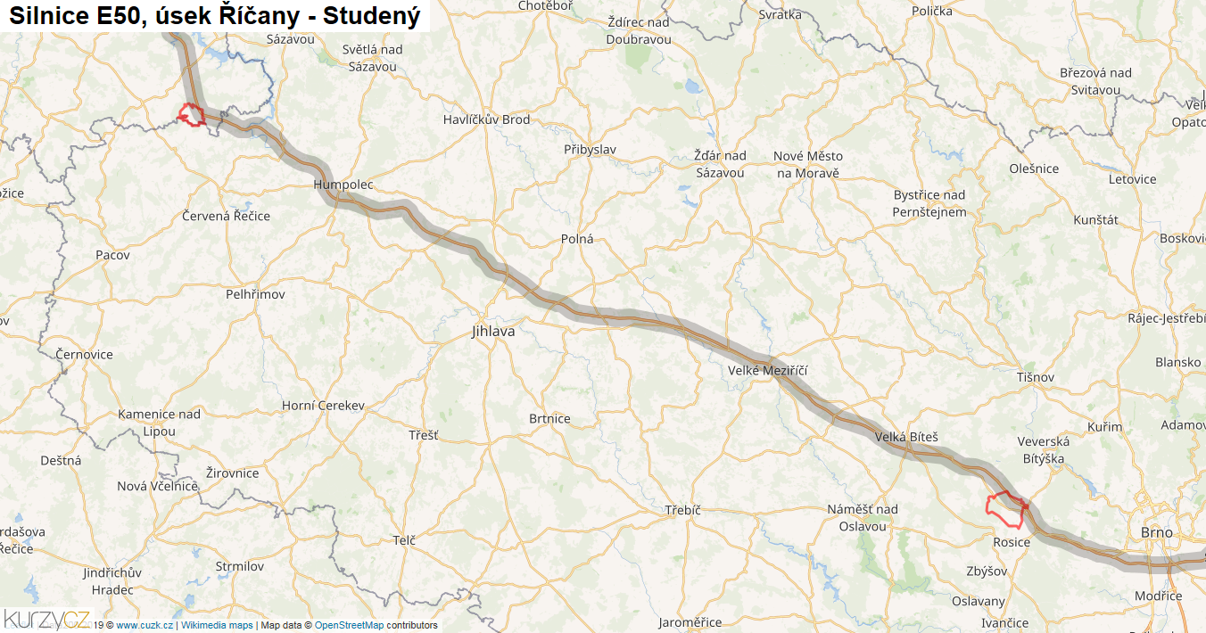 Úsek Říčany - Studený, Silnice E50 - Mapa