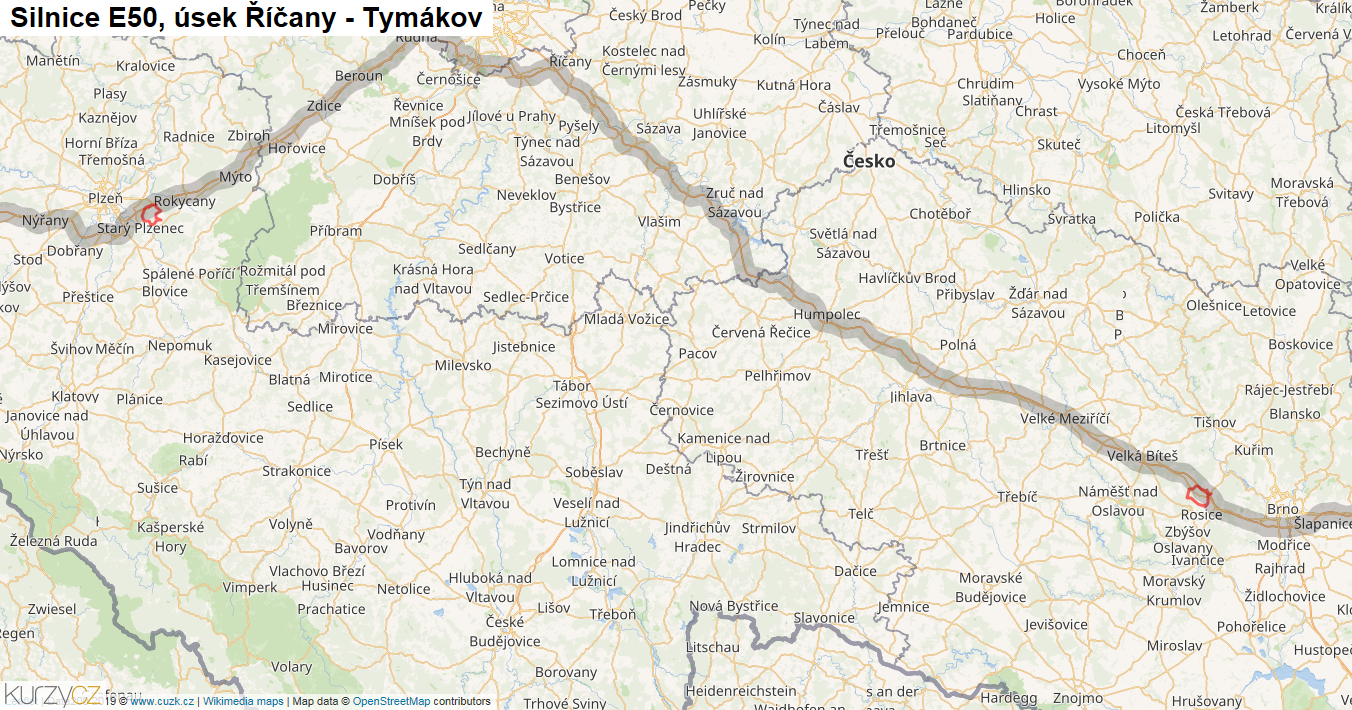 Úsek Říčany - Tymákov, Silnice E50 - Mapa