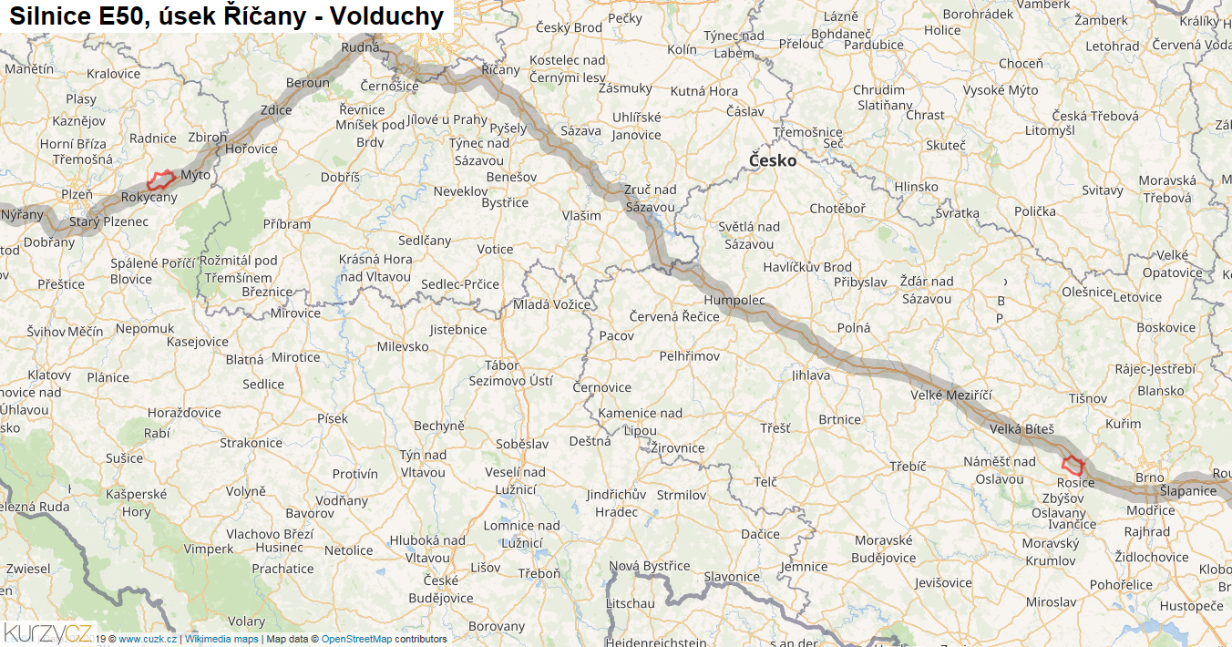 Úsek Říčany - Volduchy, Silnice E50 - Mapa
