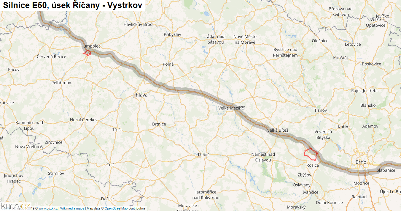 Úsek Říčany - Vystrkov, Silnice E50 - Mapa