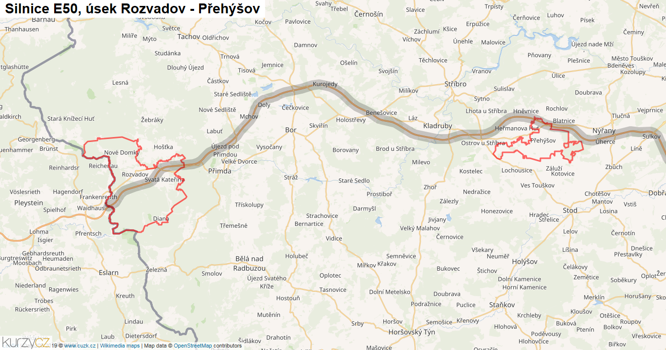 Úsek Rozvadov - Přehýšov, Silnice E50 - Mapa