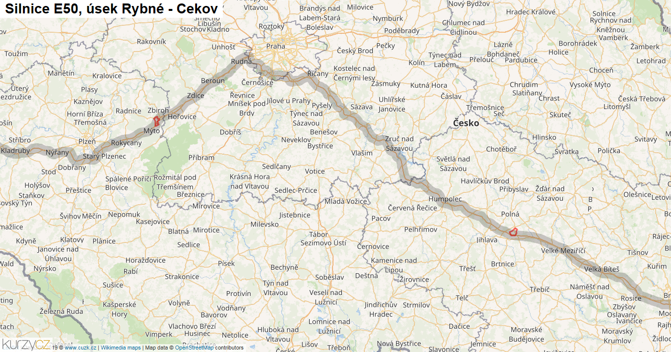 Úsek Rybné - Cekov, Silnice E50 - Mapa