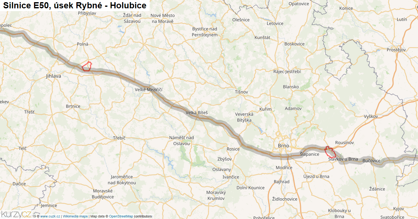 Úsek Rybné - Holubice, Silnice E50 - Mapa