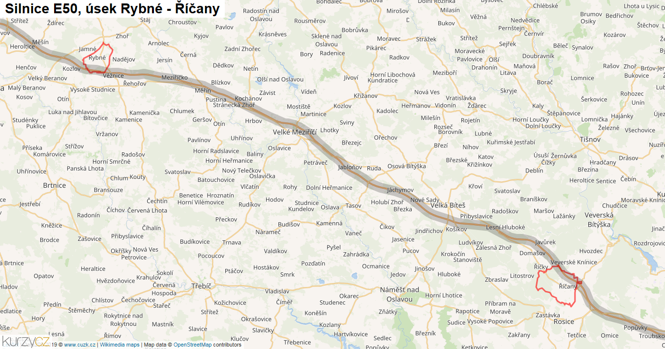 Úsek Rybné - Říčany, Silnice E50 - Mapa