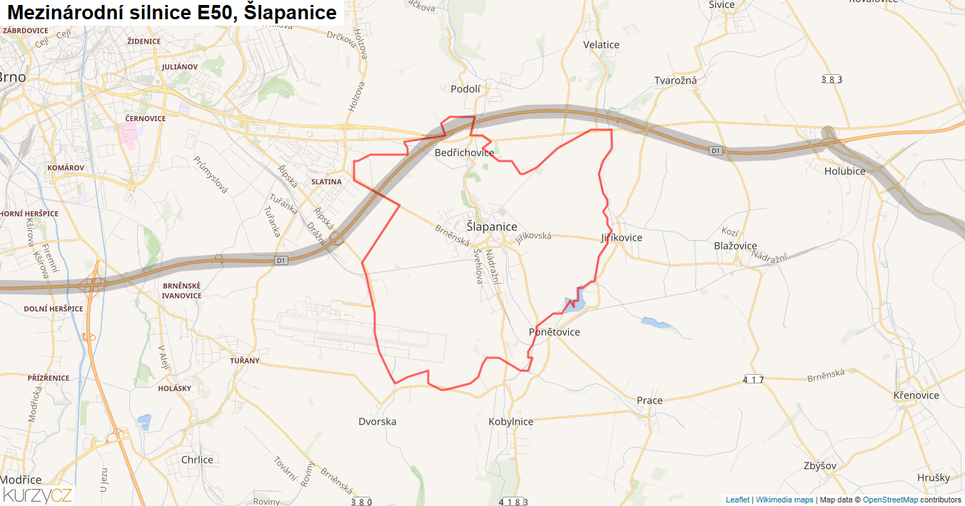 Šlapanice, Silnice E50 - Mapa