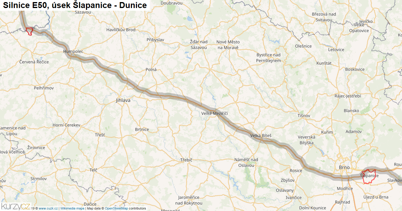 Úsek Šlapanice - Dunice, Silnice E50 - Mapa