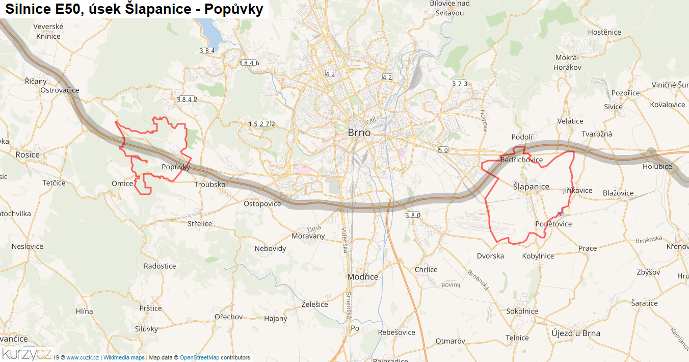 Úsek Šlapanice - Popůvky, Silnice E50 - Mapa