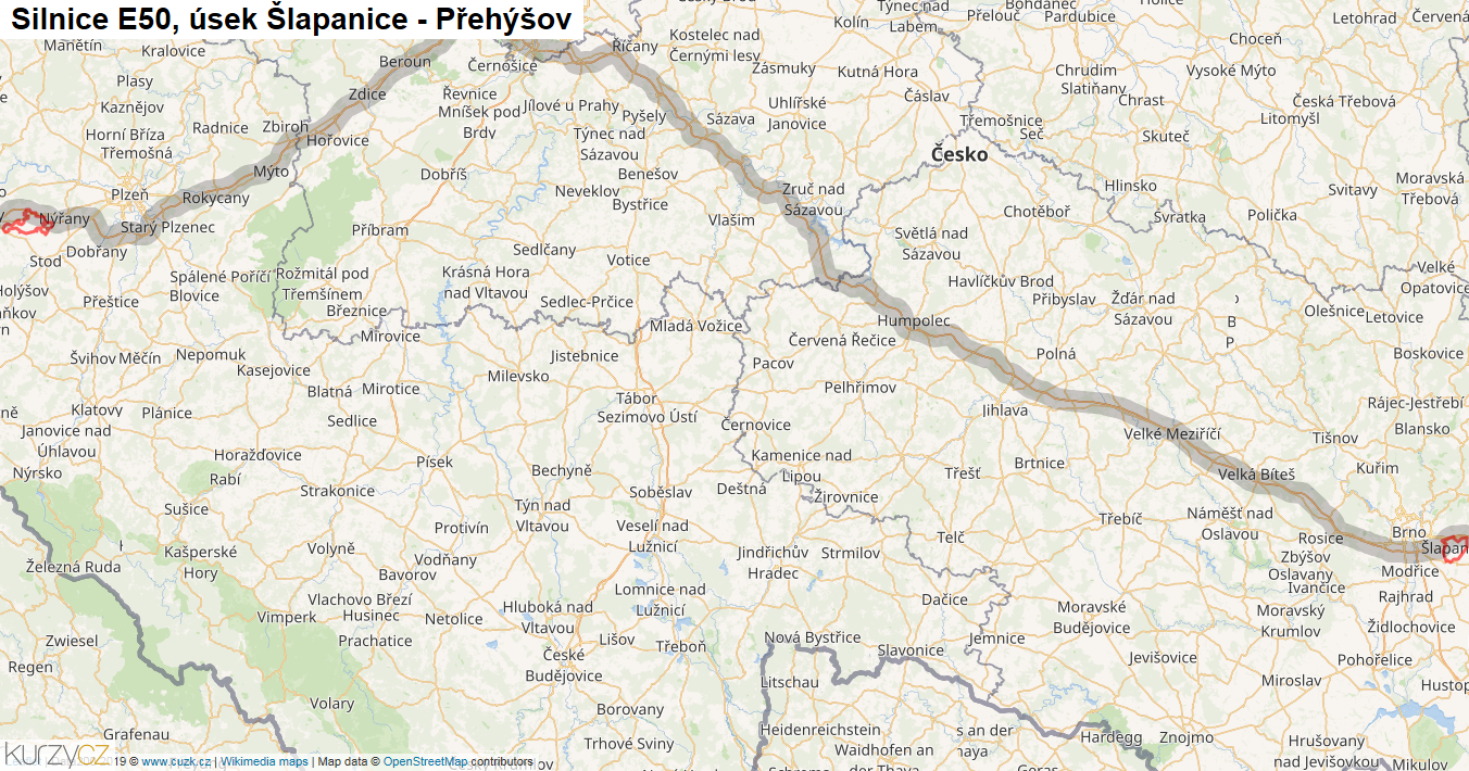 Úsek Šlapanice - Přehýšov, Silnice E50 - Mapa