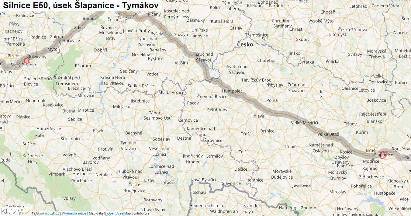 Úsek Šlapanice - Tymákov, Silnice E50 - Mapa
