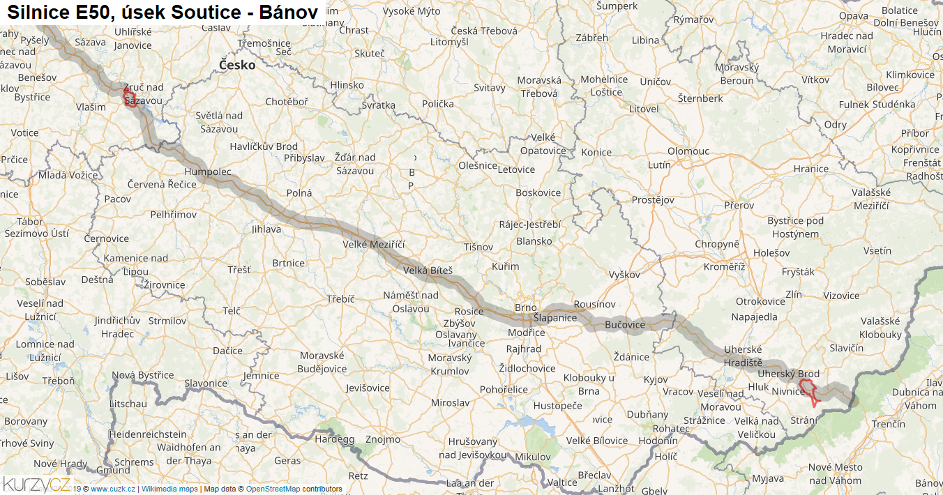 Úsek Soutice - Bánov, Silnice E50 - Mapa