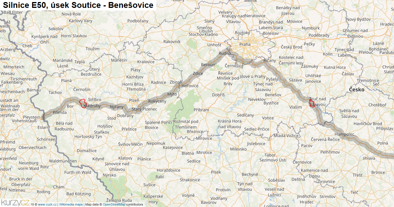 Úsek Soutice - Benešovice, Silnice E50 - Mapa