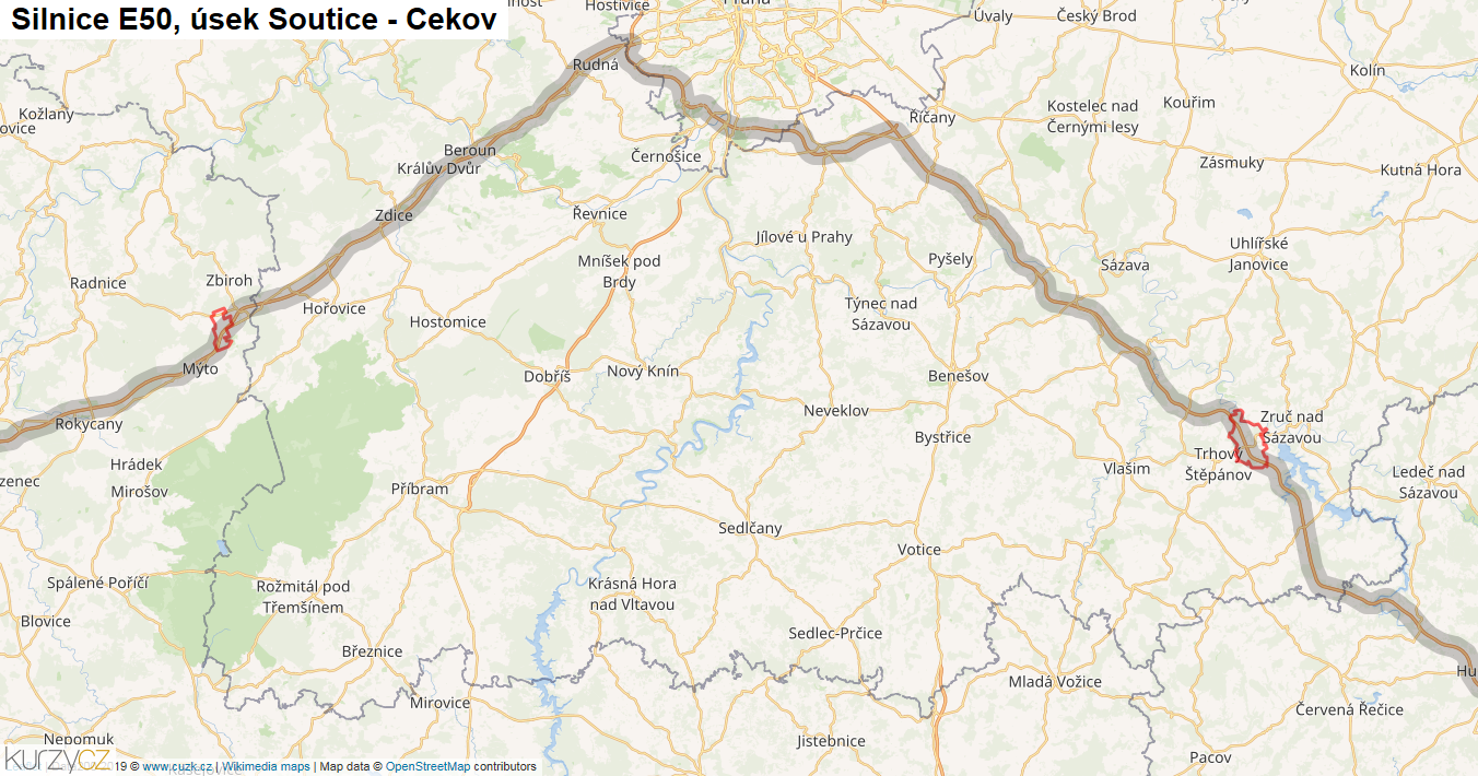 Úsek Soutice - Cekov, Silnice E50 - Mapa
