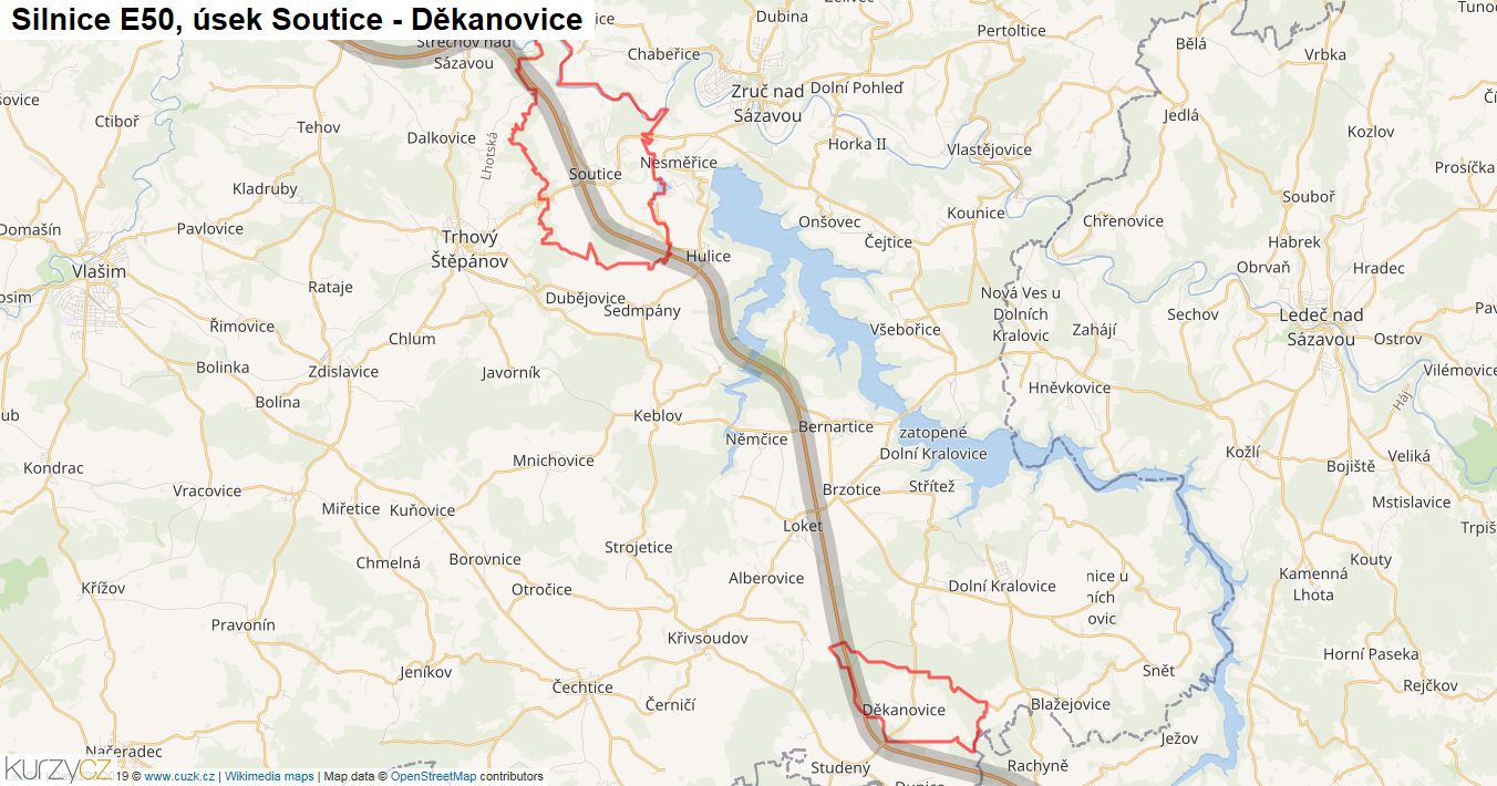 Úsek Soutice - Děkanovice, Silnice E50 - Mapa