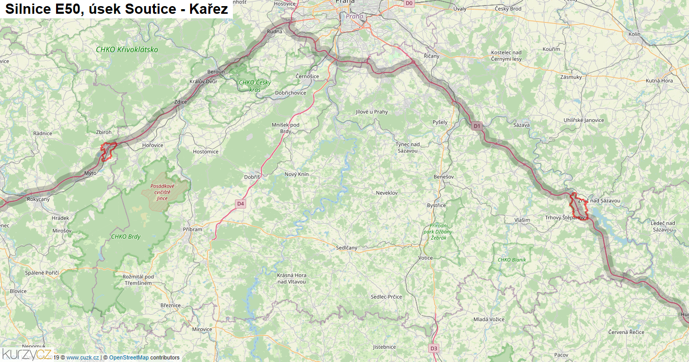 Úsek Soutice - Kařez, Silnice E50 - Mapa