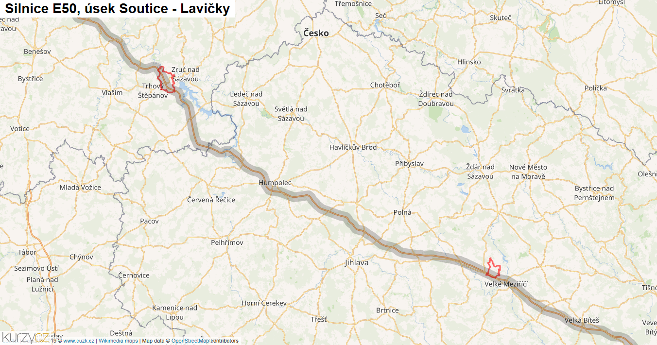 Úsek Soutice - Lavičky, Silnice E50 - Mapa