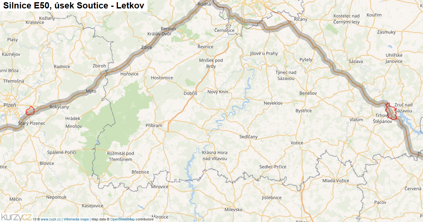 Úsek Soutice - Letkov, Silnice E50 - Mapa