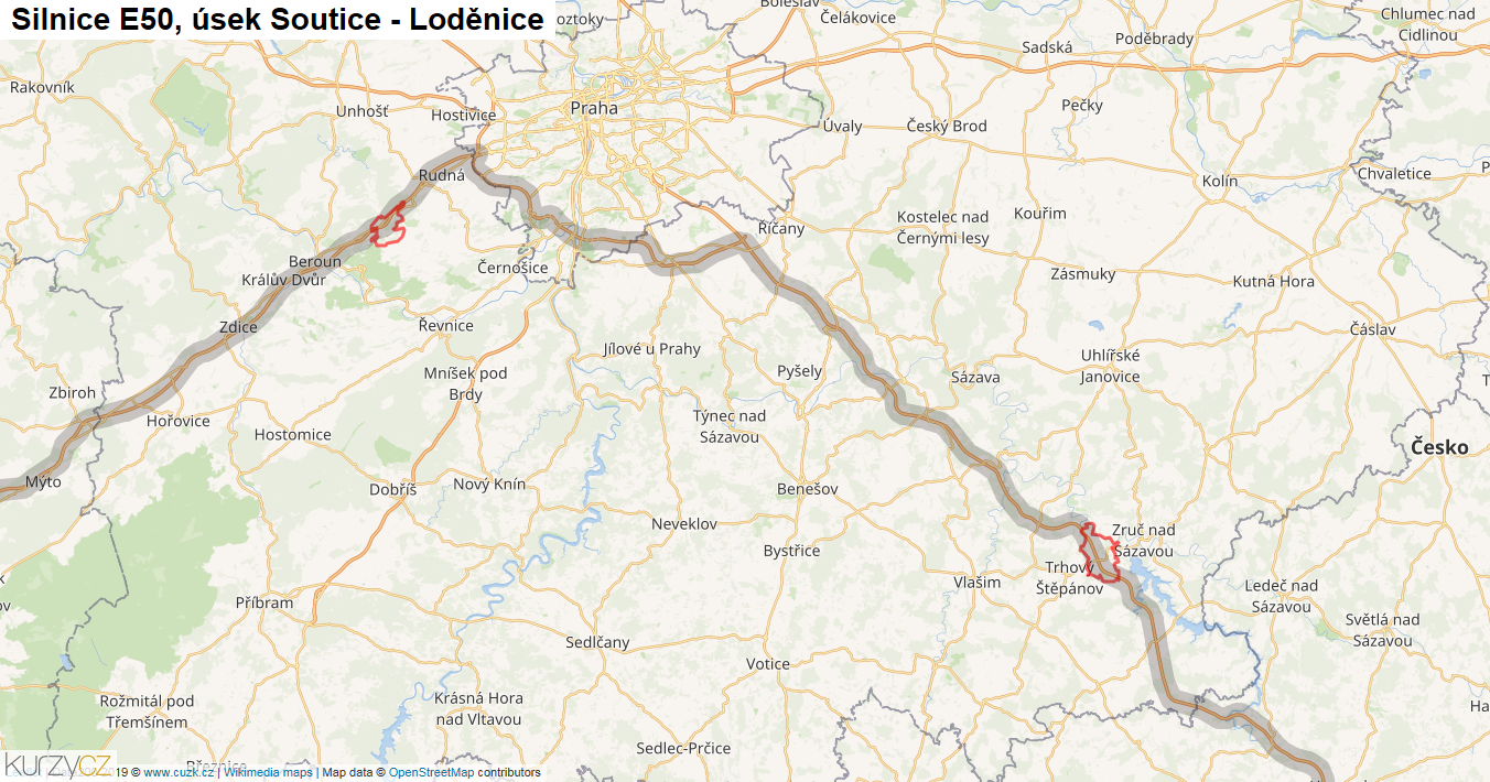 Úsek Soutice - Loděnice, Silnice E50 - Mapa