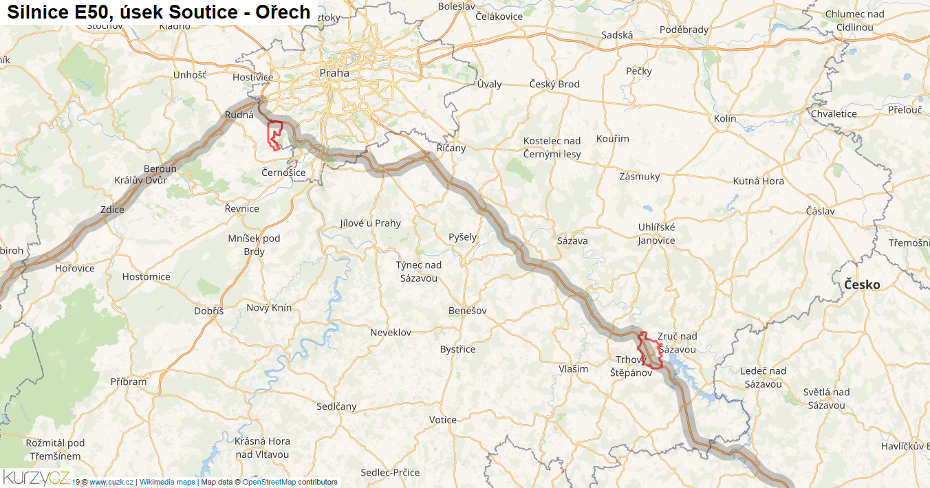 Úsek Soutice - Ořech, Silnice E50 - Mapa