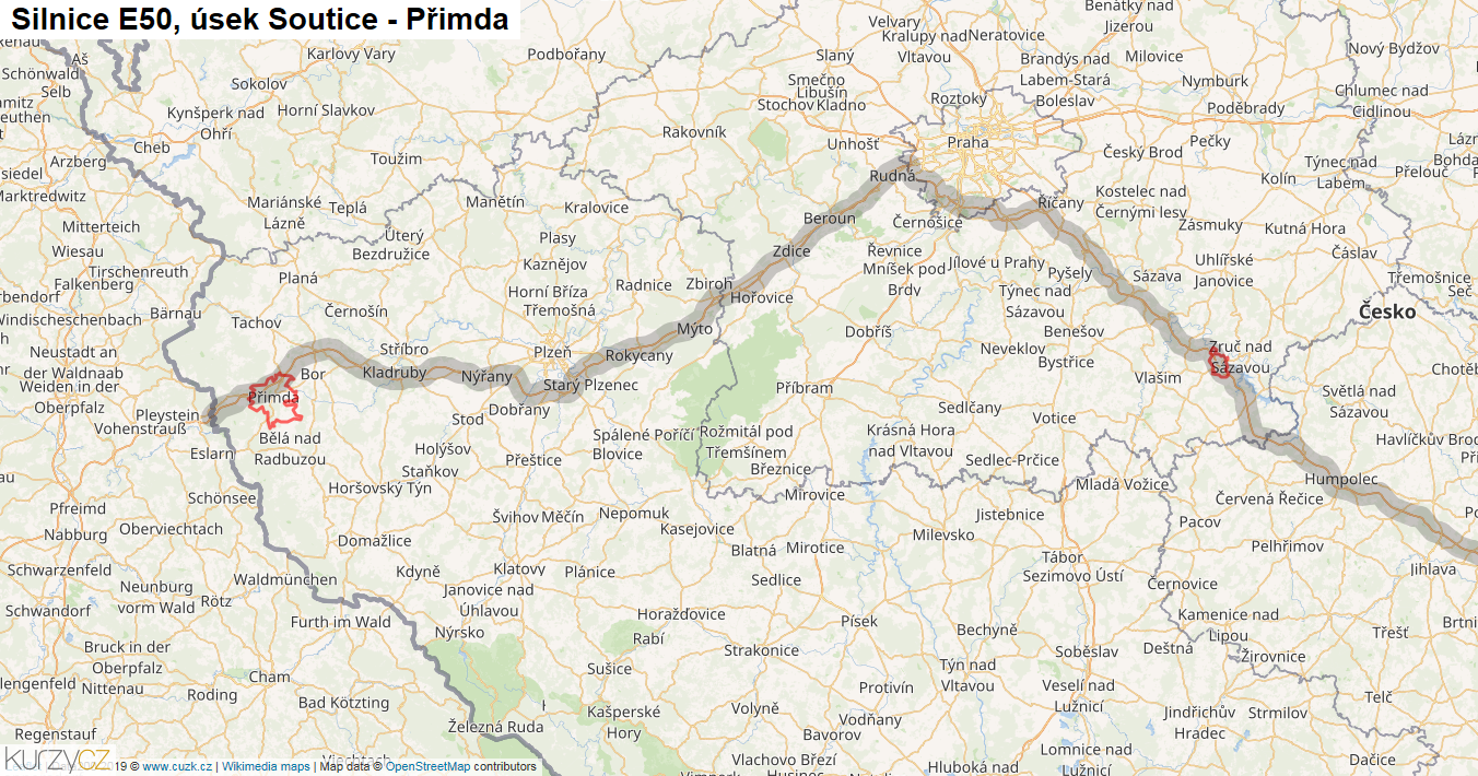 Úsek Soutice - Přimda, Silnice E50 - Mapa