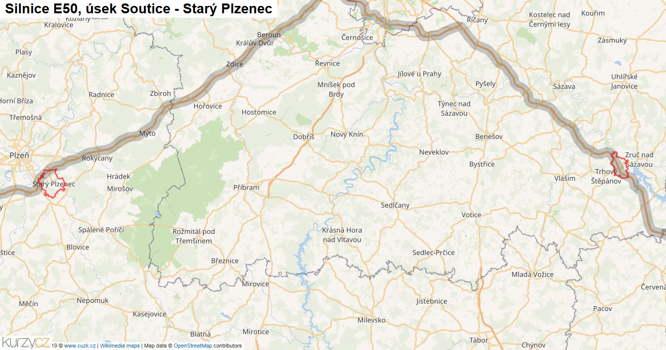 Úsek Soutice - Starý Plzenec, Silnice E50 - Mapa