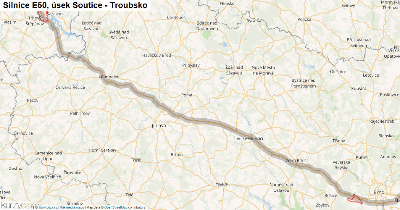 Úsek Soutice - Troubsko, Silnice E50 - Mapa
