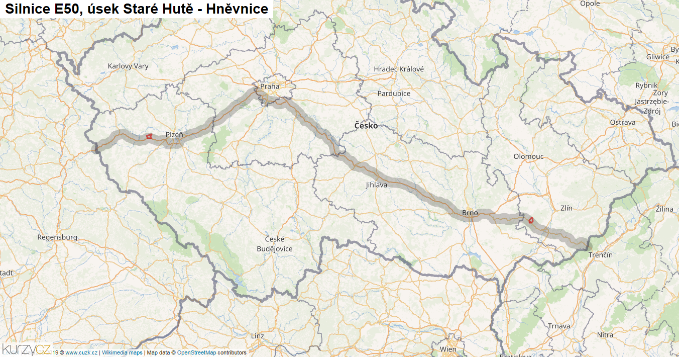 Úsek Staré Hutě - Hněvnice, Silnice E50 - Mapa